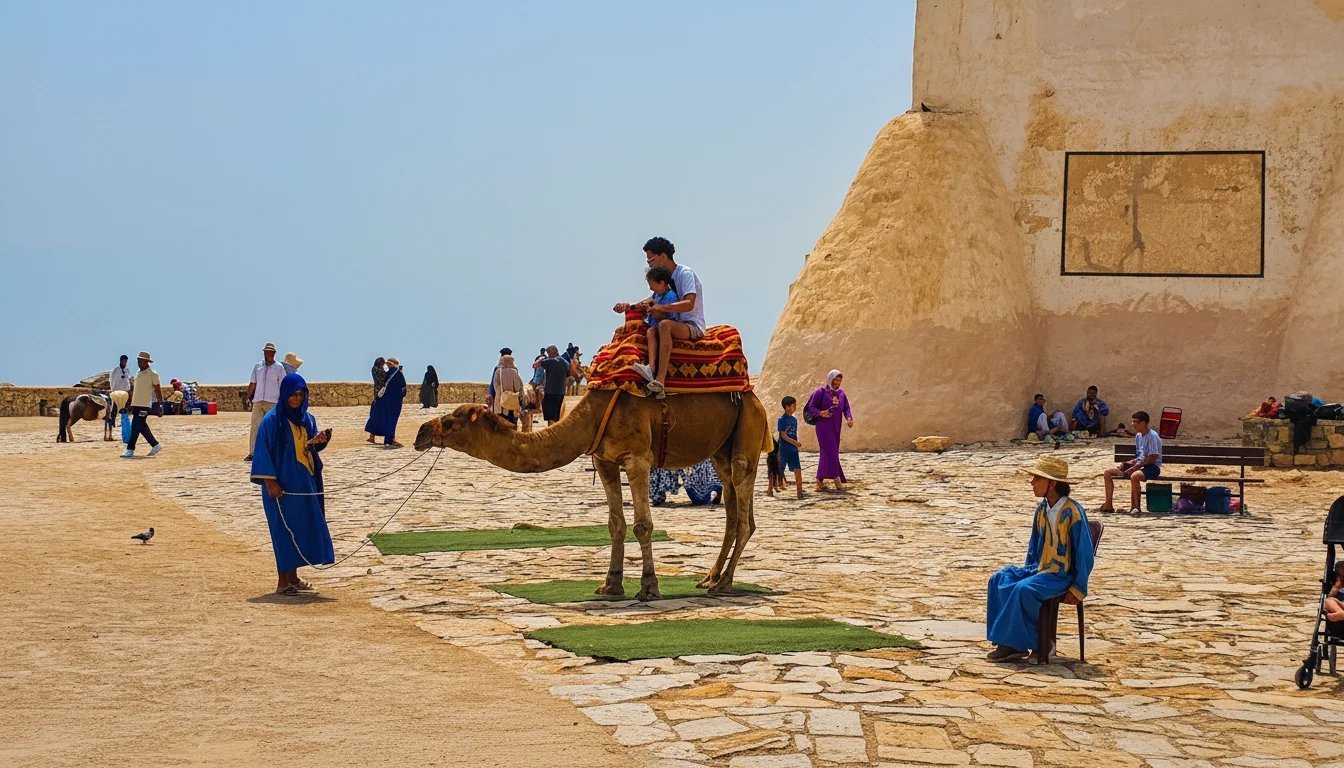 Camel riders and visitors beside the Kasbah walls