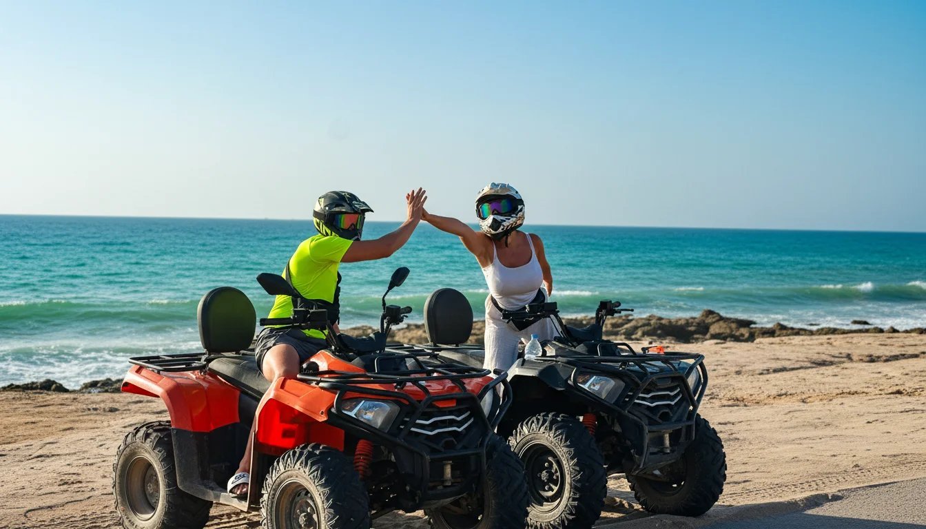 Quad riders stopped beside the coast