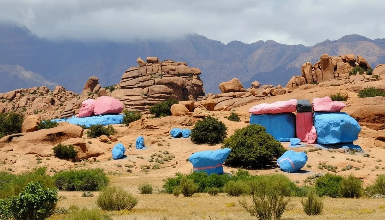 Painted boulders beneath the mountains near Tafraoute