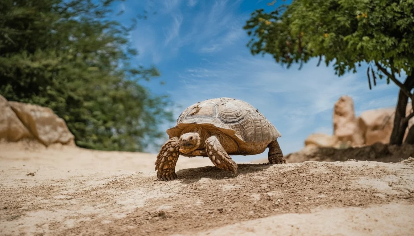 A tortoise walking beside trees and rocks