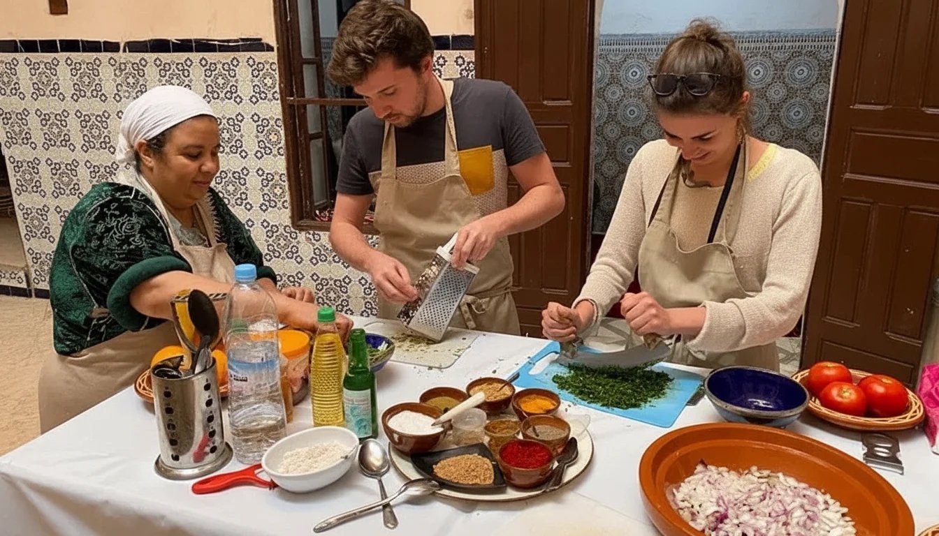 Visitors preparing vegetables during a cookery class