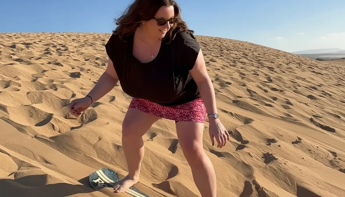 A visitor trying sandboarding on a dune