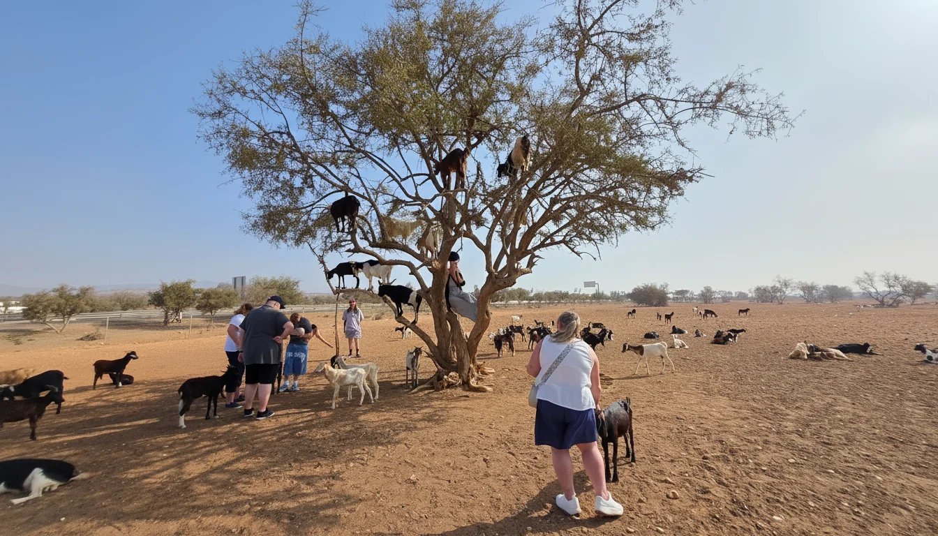 Goats around an argan tree in open countryside
