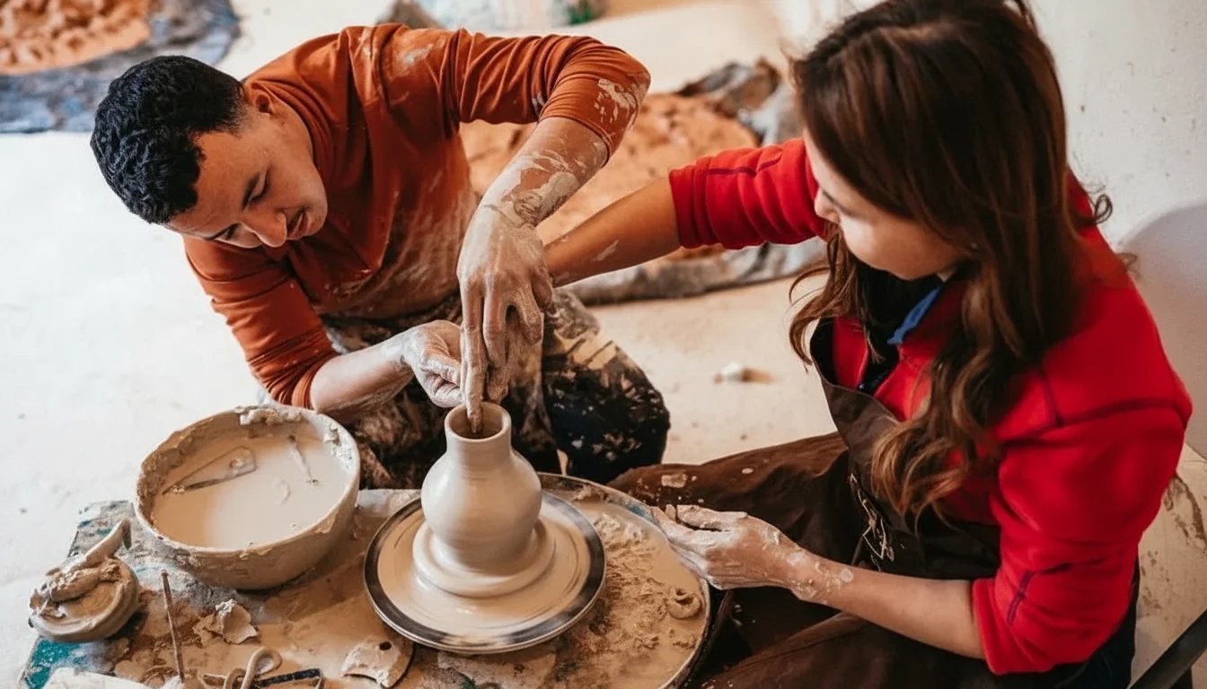 An artisan helping a visitor shape clay on a pottery wheel