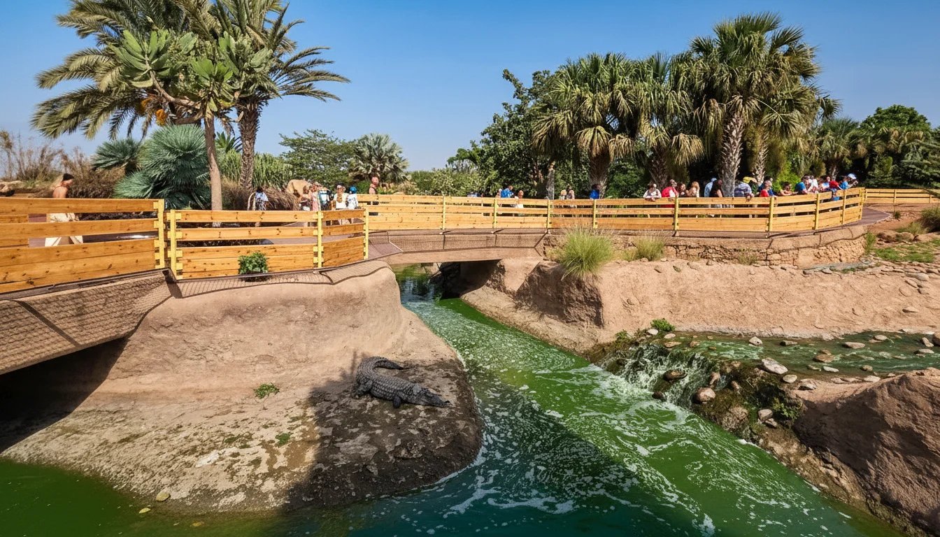 Palm-lined paths and a bridge at Crocoparc