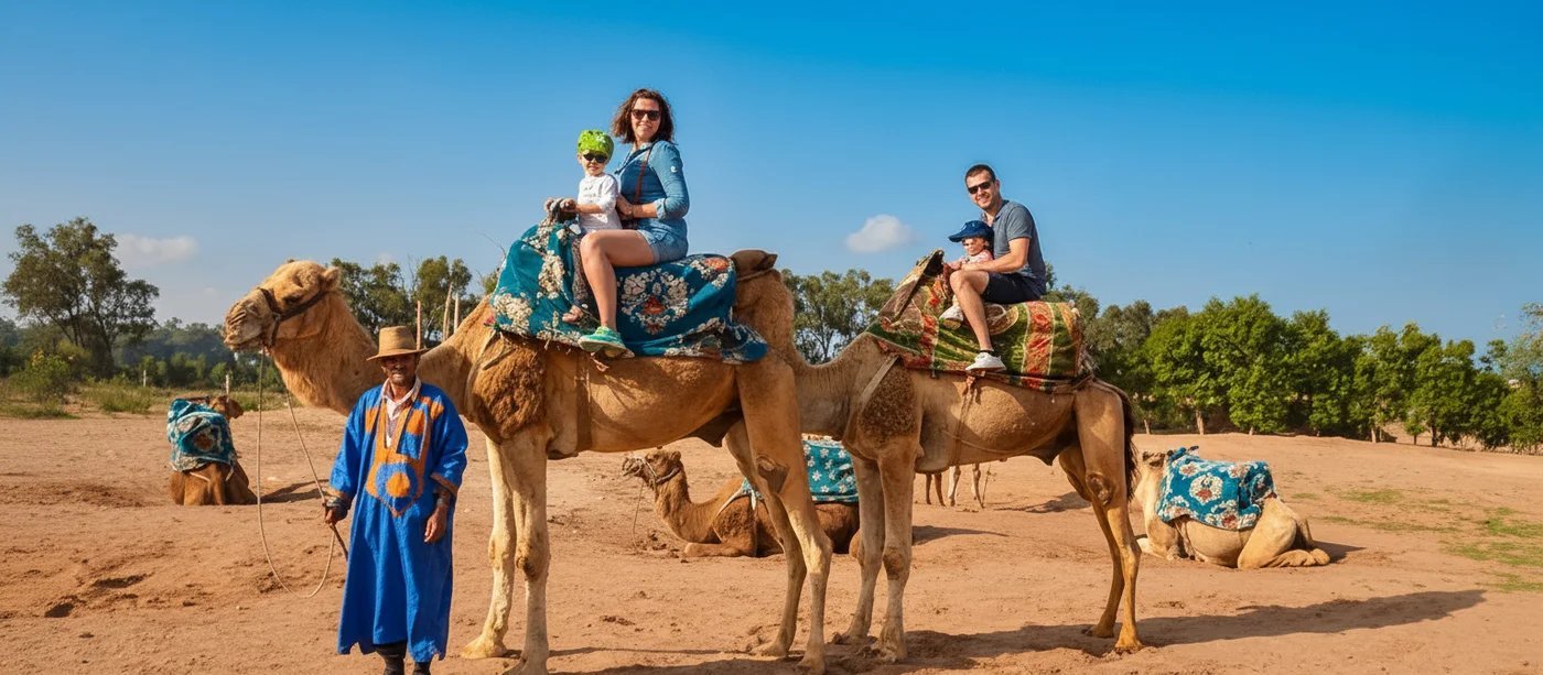 Visitors riding camels along a sandy path