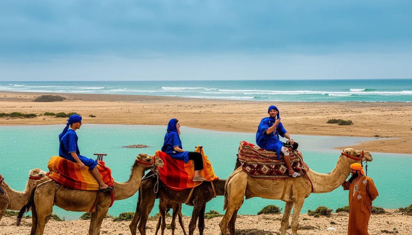 Camel riders crossing a beach beside the Atlantic