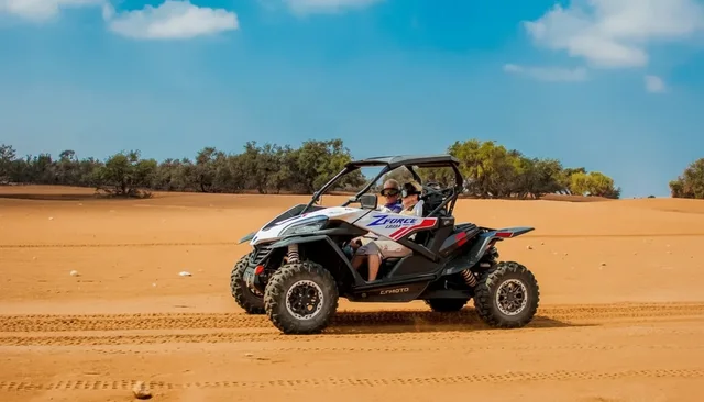 A buggy crossing a sandy track