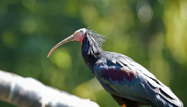 A dark-feathered ibis with a long curved beak