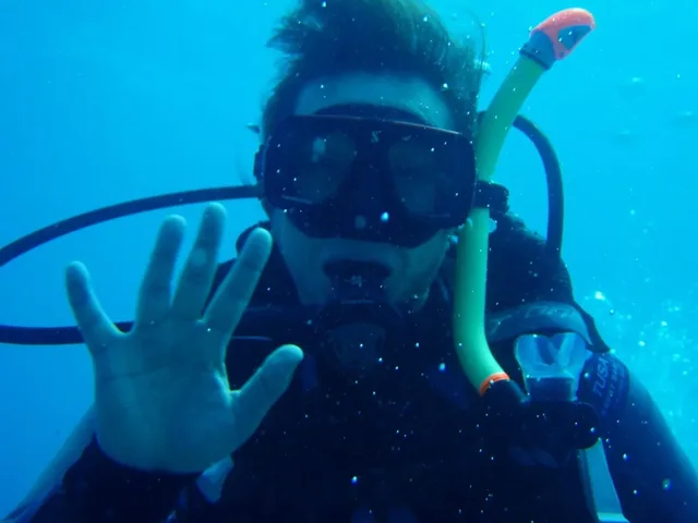 A diver wearing a mask and breathing equipment underwater