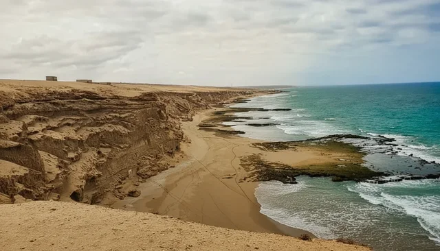 Rocky coastline and a sandy cove south of Agadir