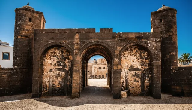 Three arched entrances in a stone gateway